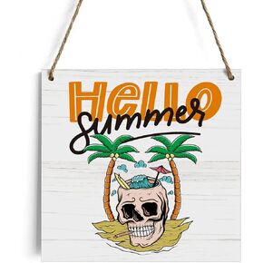 Rustic Hello Summer Decor Wooden Sign, Farmhouse Beach Skeleton Wood Hanging Wall Decorations for Home Outdoor 7.1 x 7.1 Inches - Rustic Summer Artwork Sign