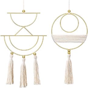 Mkono 2 Pcs Small Macrame Wall Hanging Boho Decor Cute Home Art Ornament with Gold Metal Ring for Bedroom Living Room Nursery Bathroom, 15''H x 10''W and 14''H x 8''W, Small