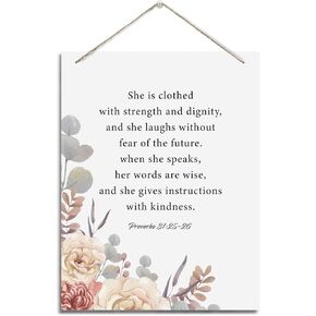 Inspirational Wall Decor, Decorative Hanging Wood Signs, Christian Sign, Gift for Women, Proverbs 31:25 Wall Art Sign- She is Clothed In Strength And Dignity She Laughs Without Fear of The Future