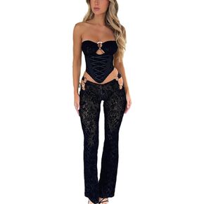 Womens Sexy 2 Piece Outfits Lace Up Band Top Ring Cutout Long Pants Sexy Club Sets