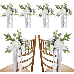 DULRLLY 6PCS Wedding Aisle Chair Decorations Church Chair Bench Pew Flower Bows for Wedding White Rose Chair Back Floral with Leaves and Ribbons Wedding Aisle Chair Flowers for Ceremony Party (Blue)
