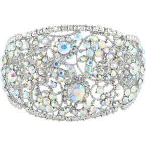 EVER FAITH Art Deco Wave Bracelet for Women Iridescent Clear AB Austrian Crystal Silver-Tone