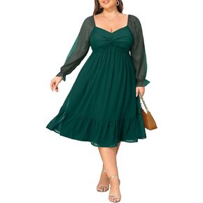 Plus Size Dresses Sweetheart Neckline Long Sleeves Chiffon Party Cocktail A Line Curvy Womens Midi Dress