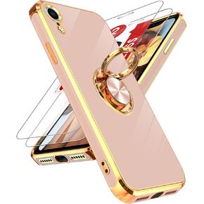 LeYi for iPhone XR Case: with Tempered Glass Screen Protector [2 Pack] 360° Rotatable Ring Holder Magnetic Kickstand, Plating Rose Gold Edge Protective iPhone 10 XR Case, Black