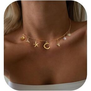 Charm Initial Necklace for Women,Dainty Gold Summer Seashell Letter Necklace Chunky Gold Starfish Necklace Boho Initial Choker Necklaces for Women Trendy Pearl Beach Necklace Gold Jewelry Gifts