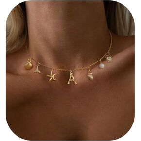 Charm Initial Necklace for Women,Dainty Gold Summer Seashell Letter Necklace Chunky Gold Starfish Necklace Boho Initial Choker Necklaces for Women Trendy Pearl Beach Necklace Gold Jewelry Gifts