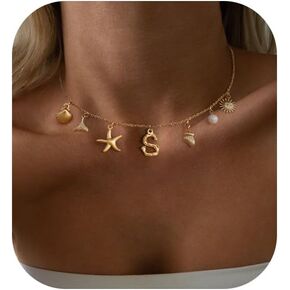 Charm Initial Necklace for Women,Dainty Gold Summer Seashell Letter Necklace Chunky Gold Starfish Necklace Boho Initial Choker Necklaces for Women Trendy Pearl Beach Necklace Gold Jewelry Gifts in Kuwait