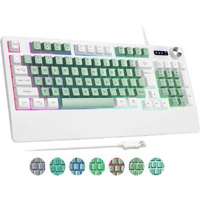 HUO JI USB Gaming Keyboard Wired with RGB LED Backlit, Multimedia Volume Knob, Wrist Rest, Mechanical Feel, Spill Resistant, Ergonomic for Computer, PC, Xbox, PS Series, Desktop, Green/White