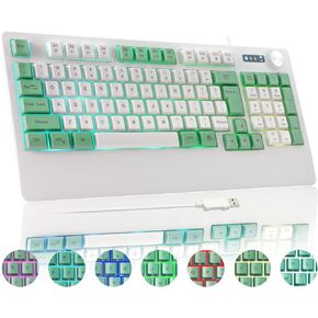 HUO JI USB Gaming Keyboard Wired with RGB LED Backlit, Multimedia Volume Knob, Wrist Rest, Mechanical Feel, Spill Resistant, Ergonomic for Computer, PC, Xbox, PS Series, Desktop, Green/White