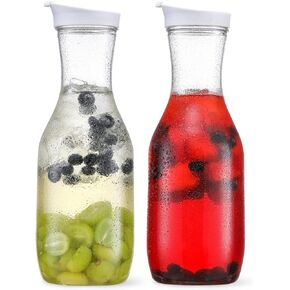 NETANY 50oz Water Carafe with Flip Top Lid, Clear Plastic Pitcher for Iced Tea, Juice, Lemonade, Milk, Cold Brew, Mimosa Bar - Juice Containers with Lids for Fridge - Set of 2, HAND WASH ONLY
