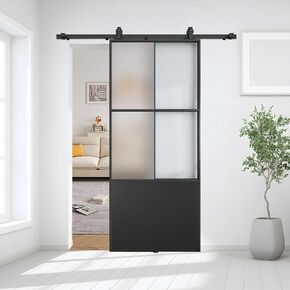 JUBEST 42" x 84" Glass Sliding Barn Door with Top Mounted Hardware Kit Included, 3-Panel Aluminum Frame and Frosted Tempered Glass French Door, Black Sliding Door, Easy to Install