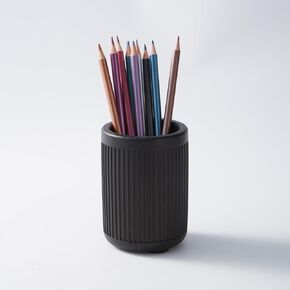 Aesthetic Charcoal Black Pen Holder for Desk - Concrete Modern Sturdy Black Pencil Holder for Desk- Cement Fluted Pen Cup Organizer - Minimalist & Modern Industrial Aesthetics to Office Decor