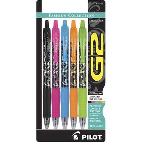 Pilot, G2 Premium Gel Roller Pens, Fine Point 0.7 mm, Fashion Collection, Assorted Colors, Pack of 5