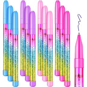 12 Fairy Stick Ballpoint Pen Glitter Liquid Sand Pen Bling Rainbow Cool Pens Dynamic Crystal Glitter Pens Liquid Gel Ink Ball Fun Pens for Women Girl Gift Stationery School Office Supplies, Blue Ink