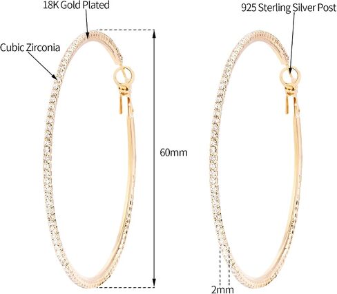 18K Gold Plated Large Rhinestone Hoop Earrings for Women - Women’s Simulated Diamond Big Circle Hoop Earrings, 40/50/60mm Round Hoop Earrings, 925 Silver Sterling Post for Women Jewelry Gift in Saudi Arabia