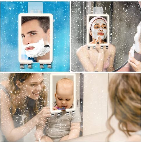 Heated Shower Mirror Fogless for Shaving, Lighted Fog Free Shaving Mirror for Shower, Rechargeable Anti-Fog Shower Mirror with LED Light, 8X5.5inch, Adjust Brightness, with 2 Razor Holders in Saudi Arabia