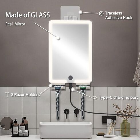 Heated Shower Mirror Fogless for Shaving, Lighted Fog Free Shaving Mirror for Shower, Rechargeable Anti-Fog Shower Mirror with LED Light, 8X5.5inch, Adjust Brightness, with 2 Razor Holders in Saudi Arabia