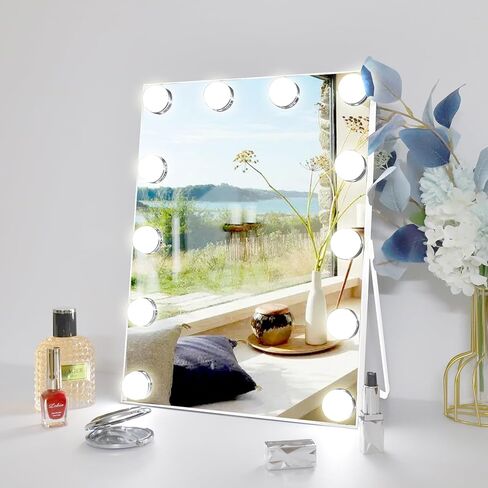 10"x 12" Vanity Mirror with Lights, Hollywood Lighted Makeup Mirror with 3 Color Modes and 12 Dimmable Diamond LED Light Bulbs, Touch Control for Bedroom, White in Saudi Arabia