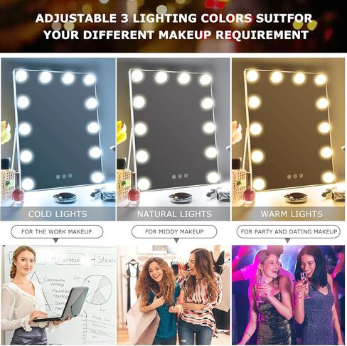 10"x 12" Vanity Mirror with Lights, Hollywood Lighted Makeup Mirror with 3 Color Modes and 12 Dimmable Diamond LED Light Bulbs, Touch Control for Bedroom, White in Saudi Arabia