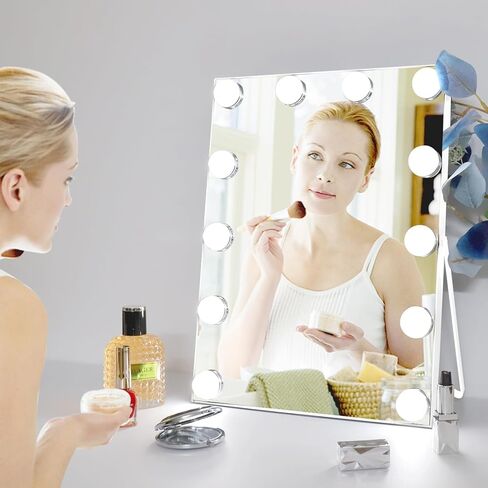 10"x 12" Vanity Mirror with Lights, Hollywood Lighted Makeup Mirror with 3 Color Modes and 12 Dimmable Diamond LED Light Bulbs, Touch Control for Bedroom, White in Saudi Arabia