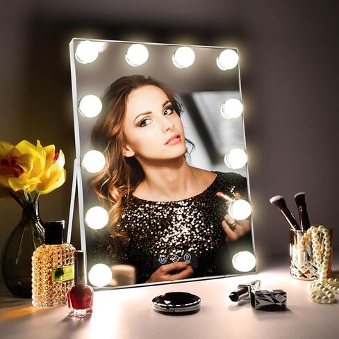 10"x 12" Vanity Mirror with Lights, Hollywood Lighted Makeup Mirror with 3 Color Modes and 12 Dimmable Diamond LED Light Bulbs, Touch Control for Bedroom, White in Saudi Arabia