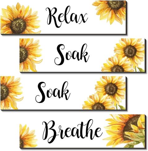 مجموعة لافتات ديكور حائط الحمام في المزرعة مكونة من 4 قطع، لوحات جدارية للحمام عباد الشمس، علامات خشبية للحمام الريفي، لوحة جدارية عباد الشمس، ديكور عتيق للمنزل (أبيض) in Kuwait