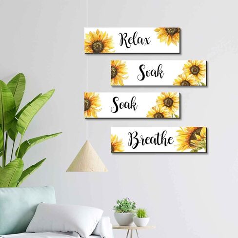 مجموعة لافتات ديكور حائط الحمام في المزرعة مكونة من 4 قطع، لوحات جدارية للحمام عباد الشمس، علامات خشبية للحمام الريفي، لوحة جدارية عباد الشمس، ديكور عتيق للمنزل (أبيض) in Kuwait