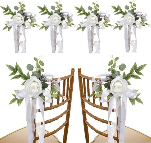 DULRLLY 6PCS Wedding Aisle Chair Decorations Church Chair Bench Pew Flower Bows for Wedding White Rose Chair Back Floral with Leaves and Ribbons Wedding Aisle Chair Flowers for Ceremony Party (Blue) in Saudi Arabia