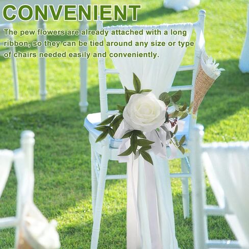 DULRLLY 6PCS Wedding Aisle Chair Decorations Church Chair Bench Pew Flower Bows for Wedding White Rose Chair Back Floral with Leaves and Ribbons Wedding Aisle Chair Flowers for Ceremony Party (Blue) in Saudi Arabia