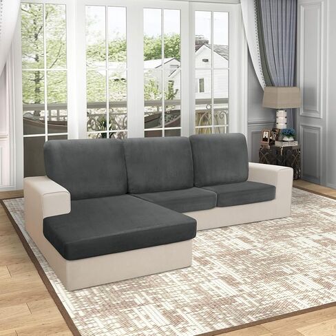 Arfntevss Velvet Striped Sectional Couch Covers L Shape Sofa Cushion Covers with Chaise Stretch Seat Slipcover Anti-Slip Magic Soft Protector (2 Seat Covers 3 Backrest Cover 1 Chaise, Dark Gray) in Saudi Arabia