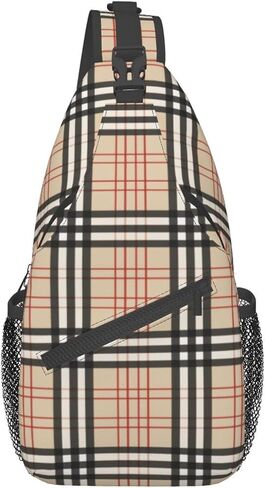 Beige Plaid Tartan Checkered Sling Bag Crossbody Backpack Hiking Travel Daypack Chest Bag Shoulder Bag For Women Men in Saudi Arabia