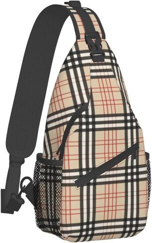 Beige Plaid Tartan Checkered Sling Bag Crossbody Backpack Hiking Travel Daypack Chest Bag Shoulder Bag For Women Men in Saudi Arabia
