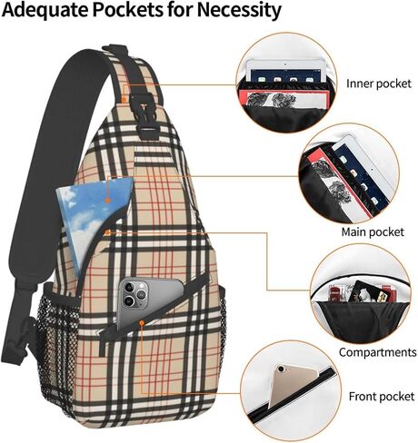 Beige Plaid Tartan Checkered Sling Bag Crossbody Backpack Hiking Travel Daypack Chest Bag Shoulder Bag For Women Men in Saudi Arabia