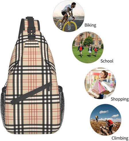 Beige Plaid Tartan Checkered Sling Bag Crossbody Backpack Hiking Travel Daypack Chest Bag Shoulder Bag For Women Men in Saudi Arabia