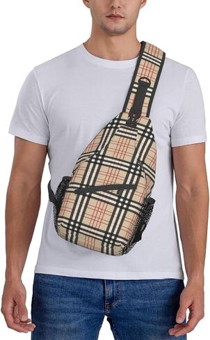 Beige Plaid Tartan Checkered Sling Bag Crossbody Backpack Hiking Travel Daypack Chest Bag Shoulder Bag For Women Men in Saudi Arabia