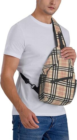 Beige Plaid Tartan Checkered Sling Bag Crossbody Backpack Hiking Travel Daypack Chest Bag Shoulder Bag For Women Men in Saudi Arabia