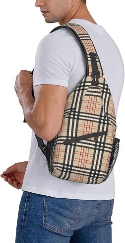 Beige Plaid Tartan Checkered Sling Bag Crossbody Backpack Hiking Travel Daypack Chest Bag Shoulder Bag For Women Men in Saudi Arabia