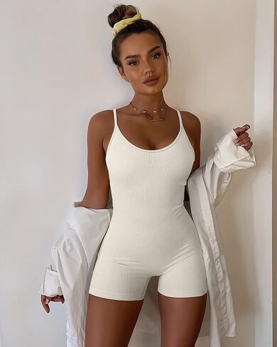 Blansdi Womens Jumpsuit Unitard Bodysuit Tummy Control Bodycon Yoga Rompers One Piece Ribbed Seamless Spaghetti Strap Outfits in Saudi Arabia