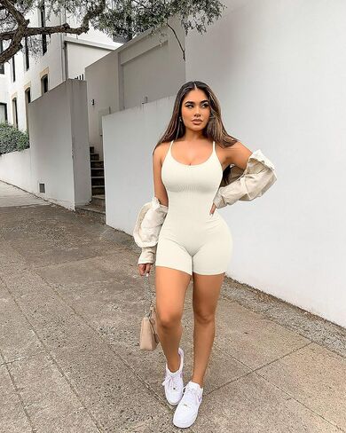 Blansdi Womens Jumpsuit Unitard Bodysuit Tummy Control Bodycon Yoga Rompers One Piece Ribbed Seamless Spaghetti Strap Outfits in Saudi Arabia