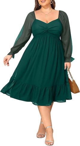 Plus Size Dresses Sweetheart Neckline Long Sleeves Chiffon Party Cocktail A Line Curvy Womens Midi Dress in Saudi Arabia