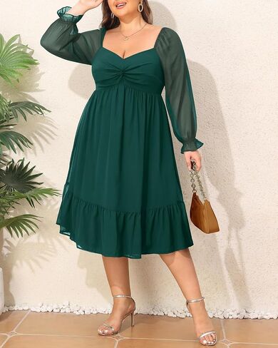 Plus Size Dresses Sweetheart Neckline Long Sleeves Chiffon Party Cocktail A Line Curvy Womens Midi Dress in Saudi Arabia