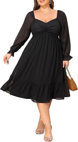 Plus Size Dresses Sweetheart Neckline Long Sleeves Chiffon Party Cocktail A Line Curvy Womens Midi Dress in Saudi Arabia