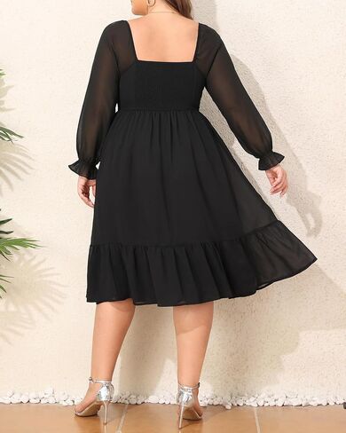 Plus Size Dresses Sweetheart Neckline Long Sleeves Chiffon Party Cocktail A Line Curvy Womens Midi Dress in Saudi Arabia