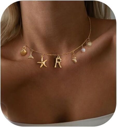 Charm Initial Necklace for Women,Dainty Gold Summer Seashell Letter Necklace Chunky Gold Starfish Necklace Boho Initial Choker Necklaces for Women Trendy Pearl Beach Necklace Gold Jewelry Gifts in Saudi Arabia