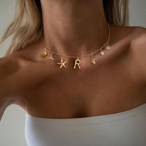 Charm Initial Necklace for Women,Dainty Gold Summer Seashell Letter Necklace Chunky Gold Starfish Necklace Boho Initial Choker Necklaces for Women Trendy Pearl Beach Necklace Gold Jewelry Gifts in Saudi Arabia