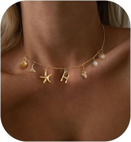Charm Initial Necklace for Women,Dainty Gold Summer Seashell Letter Necklace Chunky Gold Starfish Necklace Boho Initial Choker Necklaces for Women Trendy Pearl Beach Necklace Gold Jewelry Gifts in Saudi Arabia