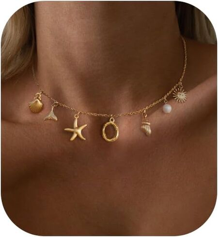 Charm Initial Necklace for Women,Dainty Gold Summer Seashell Letter Necklace Chunky Gold Starfish Necklace Boho Initial Choker Necklaces for Women Trendy Pearl Beach Necklace Gold Jewelry Gifts in Saudi Arabia