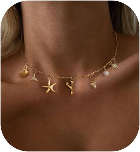 Charm Initial Necklace for Women,Dainty Gold Summer Seashell Letter Necklace Chunky Gold Starfish Necklace Boho Initial Choker Necklaces for Women Trendy Pearl Beach Necklace Gold Jewelry Gifts in Saudi Arabia