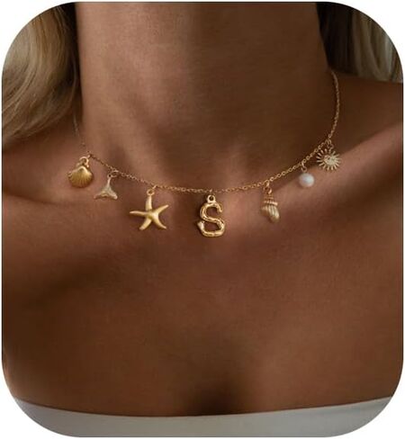 Charm Initial Necklace for Women,Dainty Gold Summer Seashell Letter Necklace Chunky Gold Starfish Necklace Boho Initial Choker Necklaces for Women Trendy Pearl Beach Necklace Gold Jewelry Gifts in Kuwait
