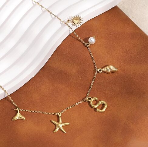 Charm Initial Necklace for Women,Dainty Gold Summer Seashell Letter Necklace Chunky Gold Starfish Necklace Boho Initial Choker Necklaces for Women Trendy Pearl Beach Necklace Gold Jewelry Gifts in Kuwait